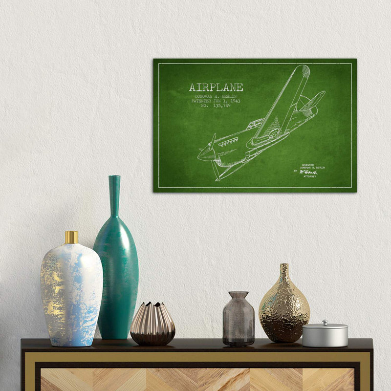 Plane Green Patent Blueprint - Wrapped Canvas Print, 66.04 cm H x 45.72 cm W x 1.91 cm D
