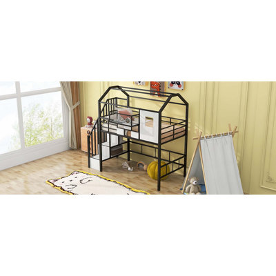 Lit mezzanine en métal avec toit et boîte de rangement
