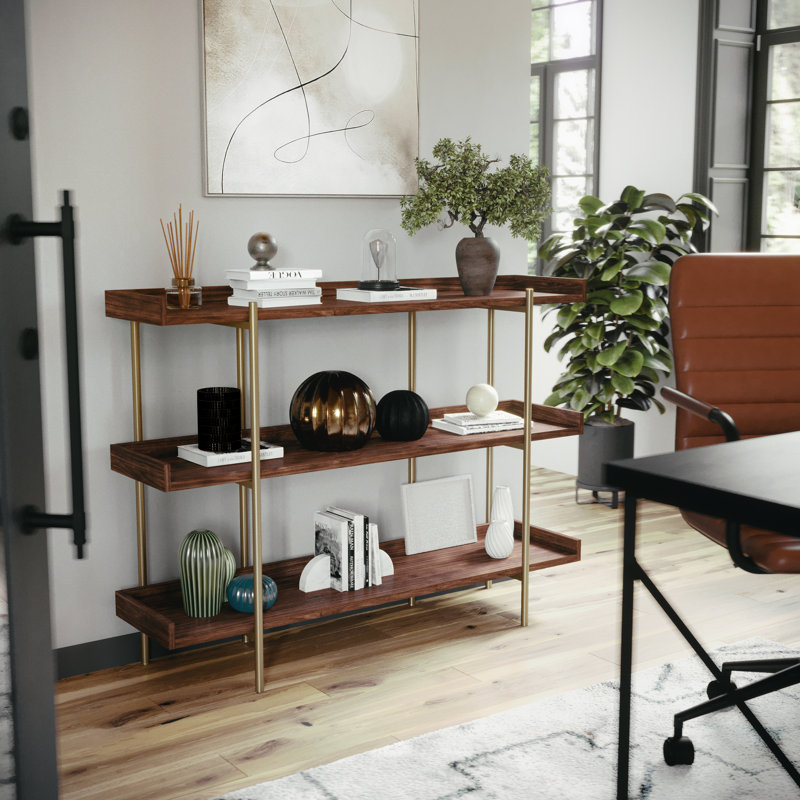 Raines Martha Stewart Emmett 3 Shelf Storage Display Unit Bookcase with Metal Frame, Walnut Wood Grain/Polished Brass