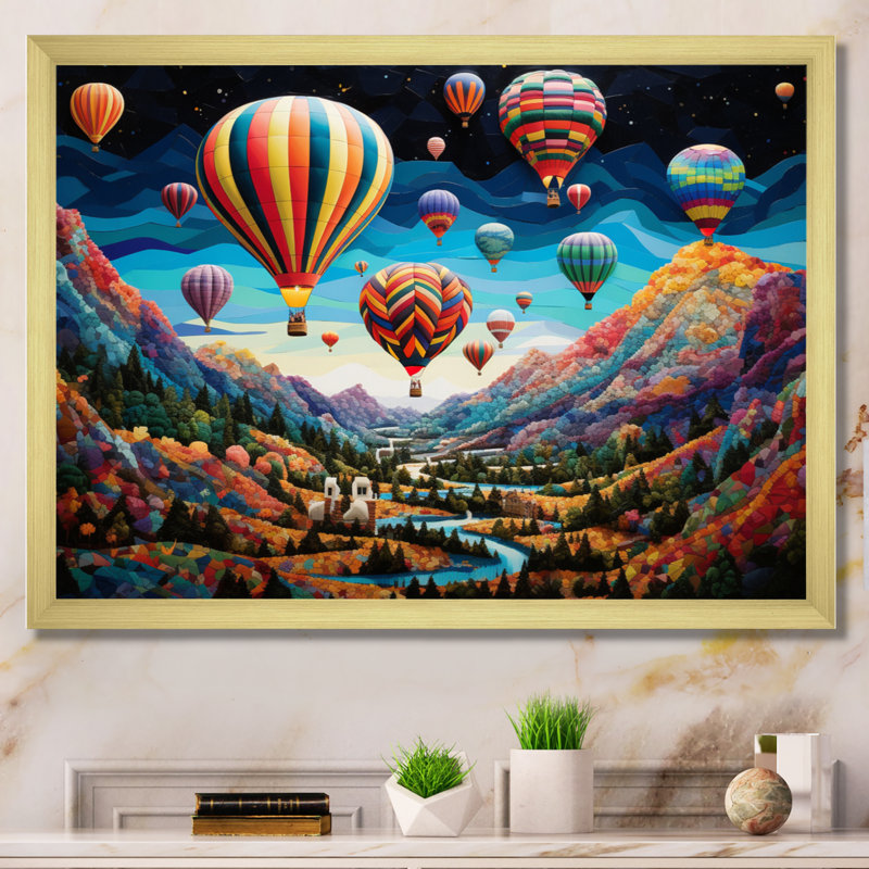 Mosaïque de ballon à air chaud bleu sarcelle - impression sur toile, Cadre doré simple, H 30 po x l 40 po x P 1,5 po
