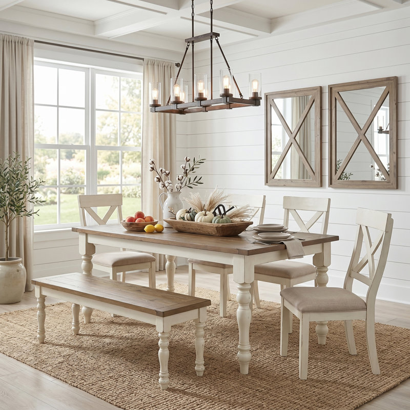 Cierra Four Leg Dining Set, 6 Pieces: 1 Table, 4 Chairs, Bench, White