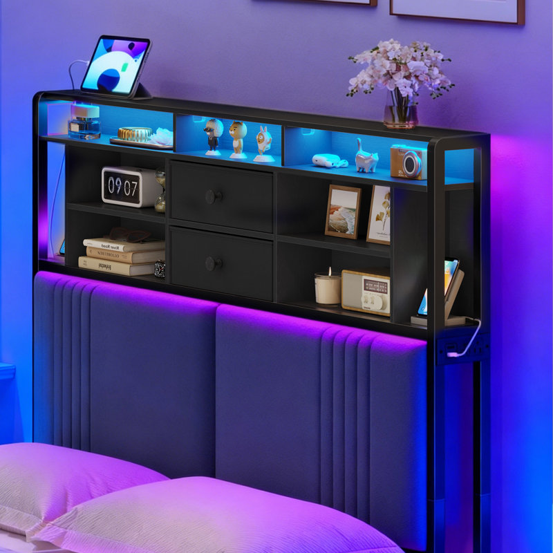 Headboard with 3-Tier Storage Shelves, Velvet Upholstered Headboard with Outlet, 2 USB Ports & LED Light, Headboards Full Size Bed with Two Fabric Drawers, Black and Dark Gray