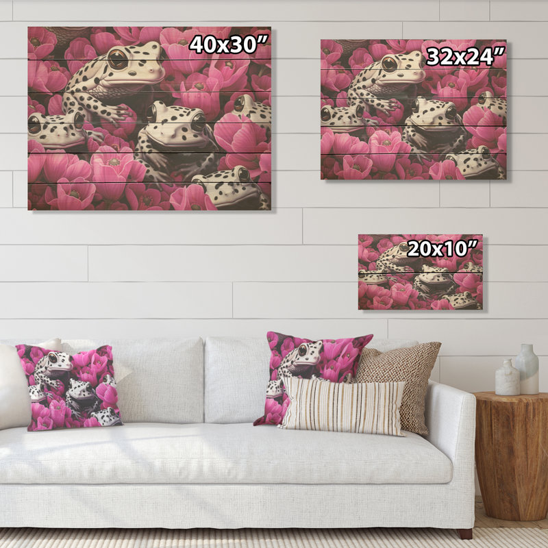 Blanc et rose Pop Art Frog I - grenouilles et crapauds, art mural sur bois de pin naturel, H 24 po x l 32 po