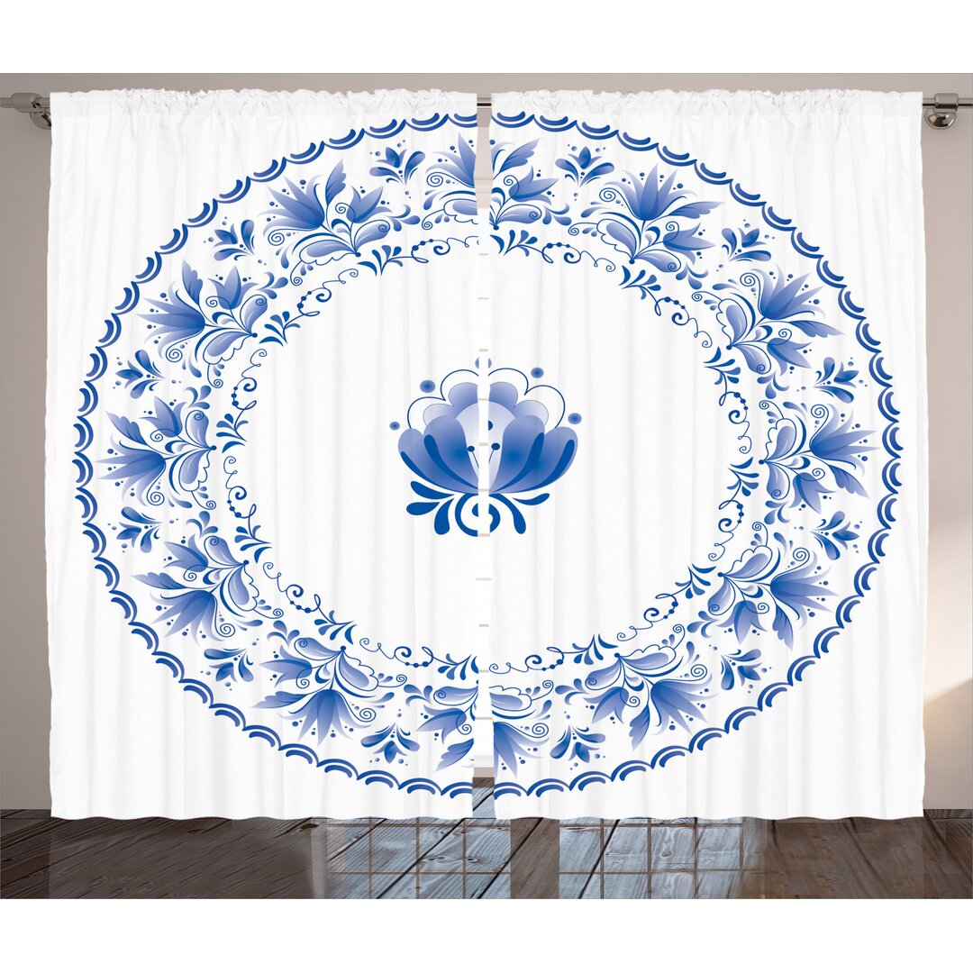 Rustikaler Vorhang, Persische Nostalgische Flora, Mandala, Blau Weiß