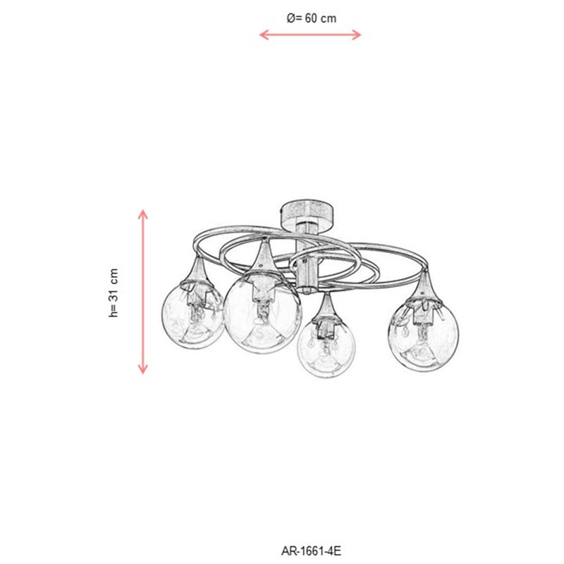 Elegant Copper Chandelier, 23.6 in Diameter x 12.2 in Height | Metal Body with Glass Cap, 4 x E27 Max 6W Sockets | IP20 Rated, Modern Glam Design for Living Room & Dining Spaces, Antique Finish