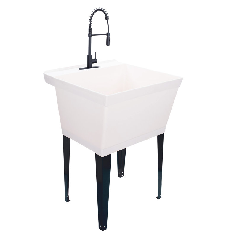 22.875 In. X 23.5 In. 19 Gallon Thermoplastic Utility Sink Set With High-Arc Coil Pull-Down Faucet, White, Black
