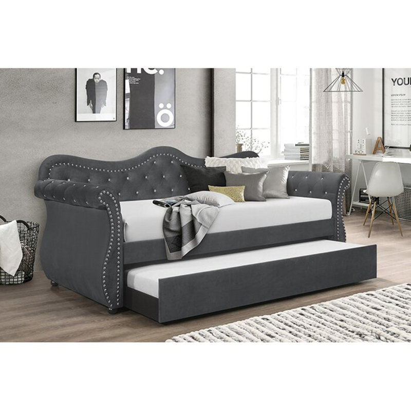 Upholstered Velvet Wood Daybed with Trundle in Gray, Gray