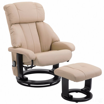 Beige PU Leather 10-Point Massage Recliner With Ottoman - 360° Swivel, Side Pocket, Remote Control