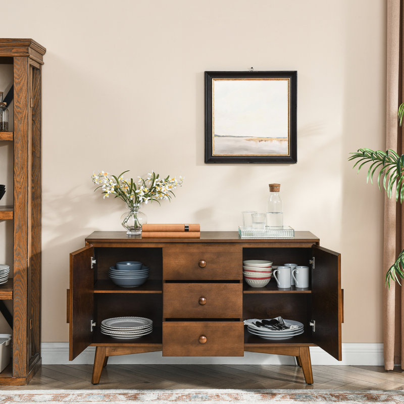 Buffet 47,3 po Mid Century Modern en noyer. Armoire de rangement pour la cuisine, la salle à manger, le salon, la chambre à coucher. 2 portes et 3 tiroirs. Console décorative. Esthétique rétro