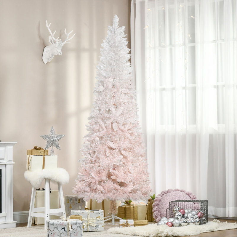 Sapin de Noël artificiel non éclairé 7 pi avec branches réalistes et base en acier, rose et blanc