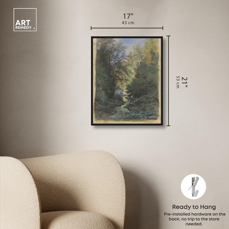 Stream by a Dense Forest Canvas Vintage Landscape by , H 21 po x l 17 po, Cadre flottant noir