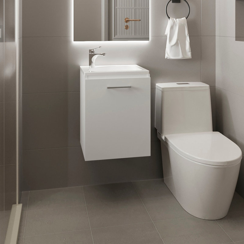 Saju Floating, Wide One-Door Cabinet Vanity, With Resin Sink And One Shelf, Bathroom Storage, White, White