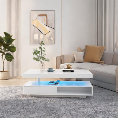 Modern Coffee Table with LED Lighting and Storage, Rectangle, Soft White, 51.2 L
