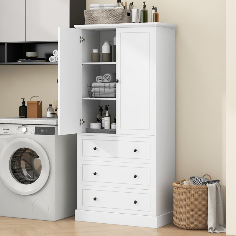 Armoire de rangement autoportante moderne avec portes et 3 grands tiroirs pour la salle de bain, la chambre à coucher ou la salle de lavage, blanc