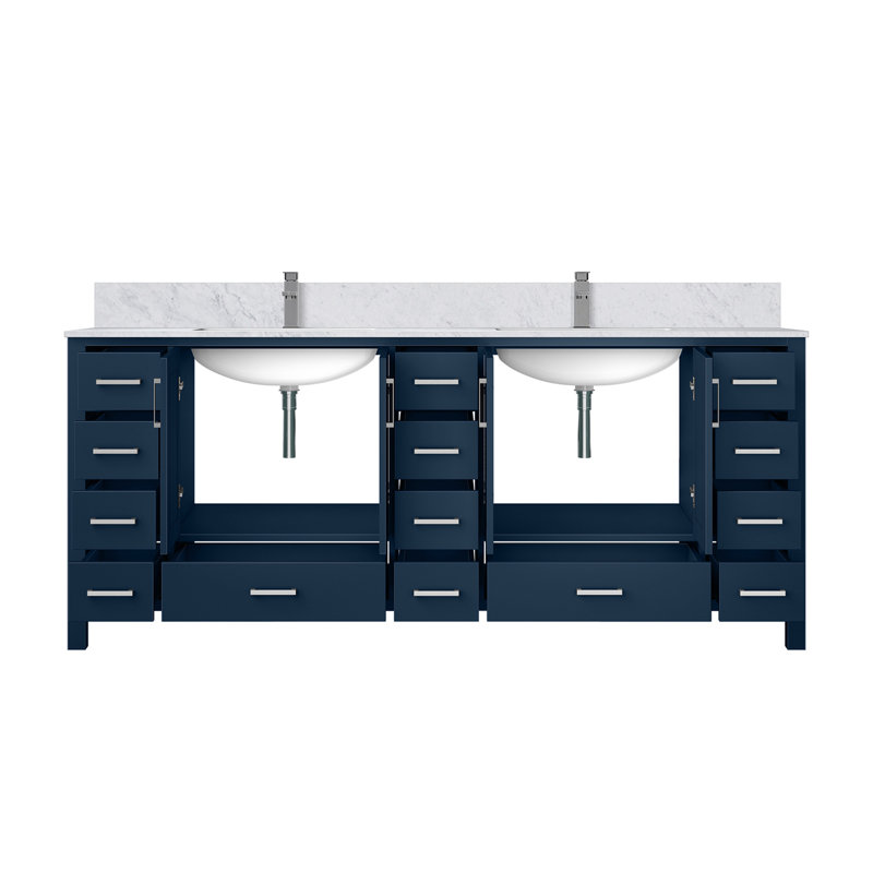 Ensemble de meuble-lavabo double avec plateau en marbre de Carrare et robinet, Bleu marine