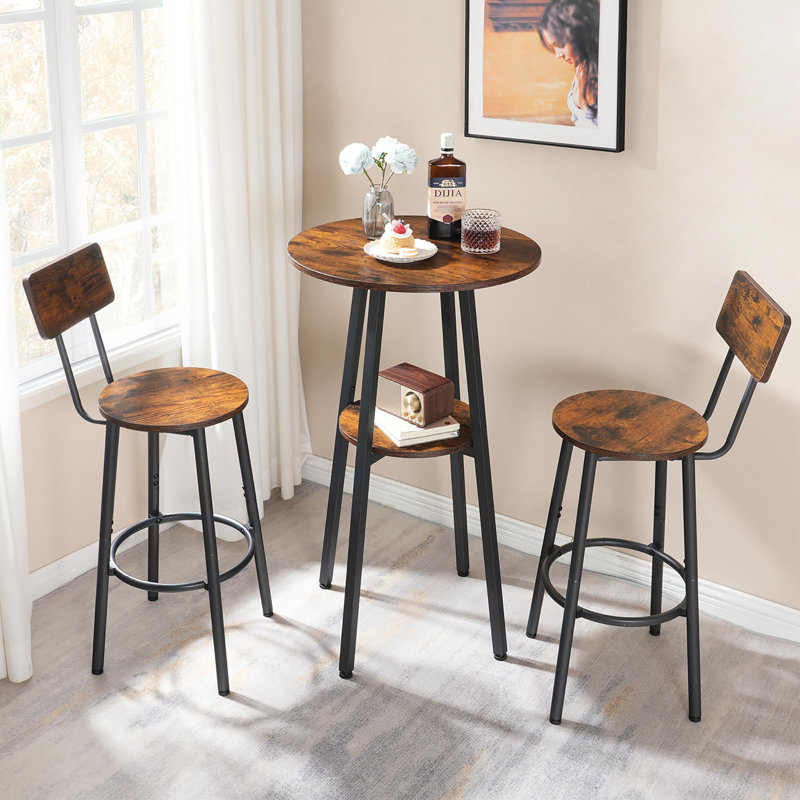 Ensemble de 3 tables de bar rondes noires pour 3 avec rangement, Brun, Brun