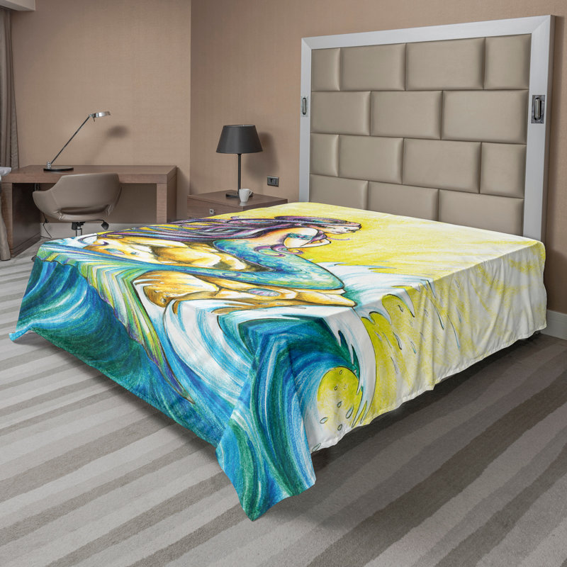 Drap plat Ambesonne Mermaid Fantasy Woman on Rock jaune bleu mauve, Très grand californien