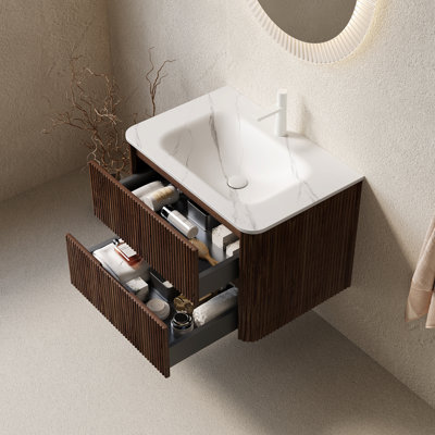 Retro Walnut 30" Bathroom Vanity With Sink White Basin 2 Drawers Plywood Storage Scandinavian Look Modern Style Floating Striped Design