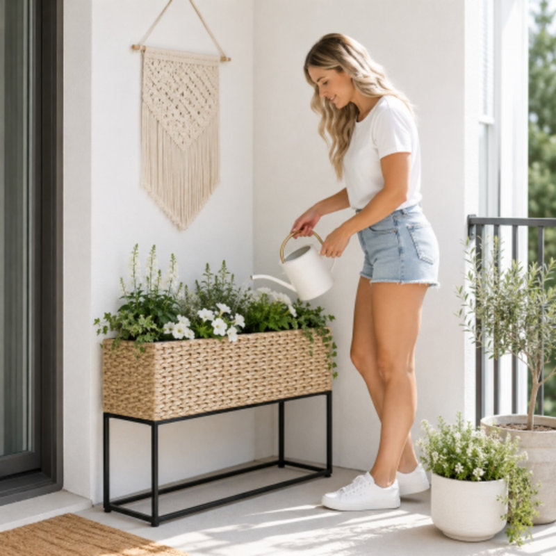 Jardinière surélevée en polyrotin de 76 cm avec support – Pot de fleurs en résine tressée naturelle avec 3 inserts en PP