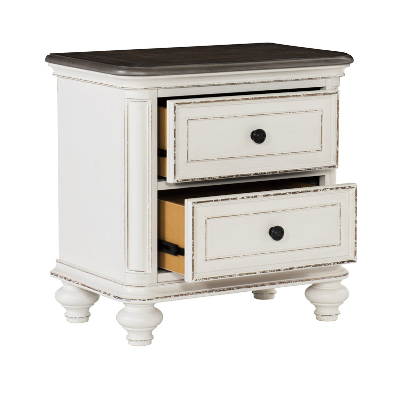Table de chevet antique blanche avec finition brune et 2 compartiments en bois à des fins décoratives