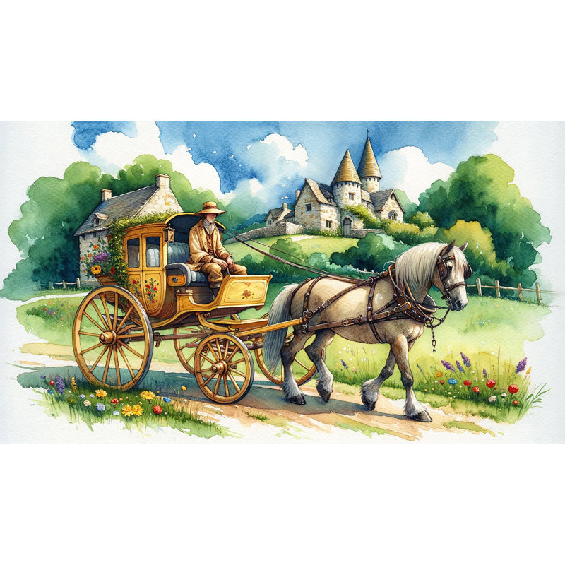 «Vintage Countryside Carriage: Rustic Castle Journey», reproduction sur toile, H 20 po x l 35 po