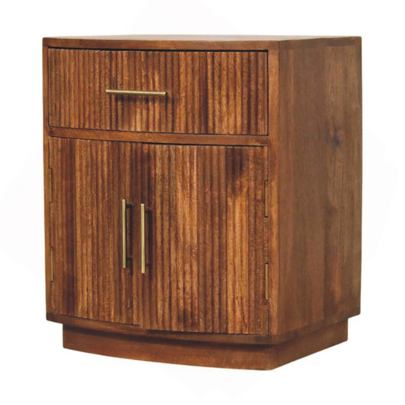 Solid Wood Curved Ribbed Bedside With Drawer,Brown,1-Door, Brown