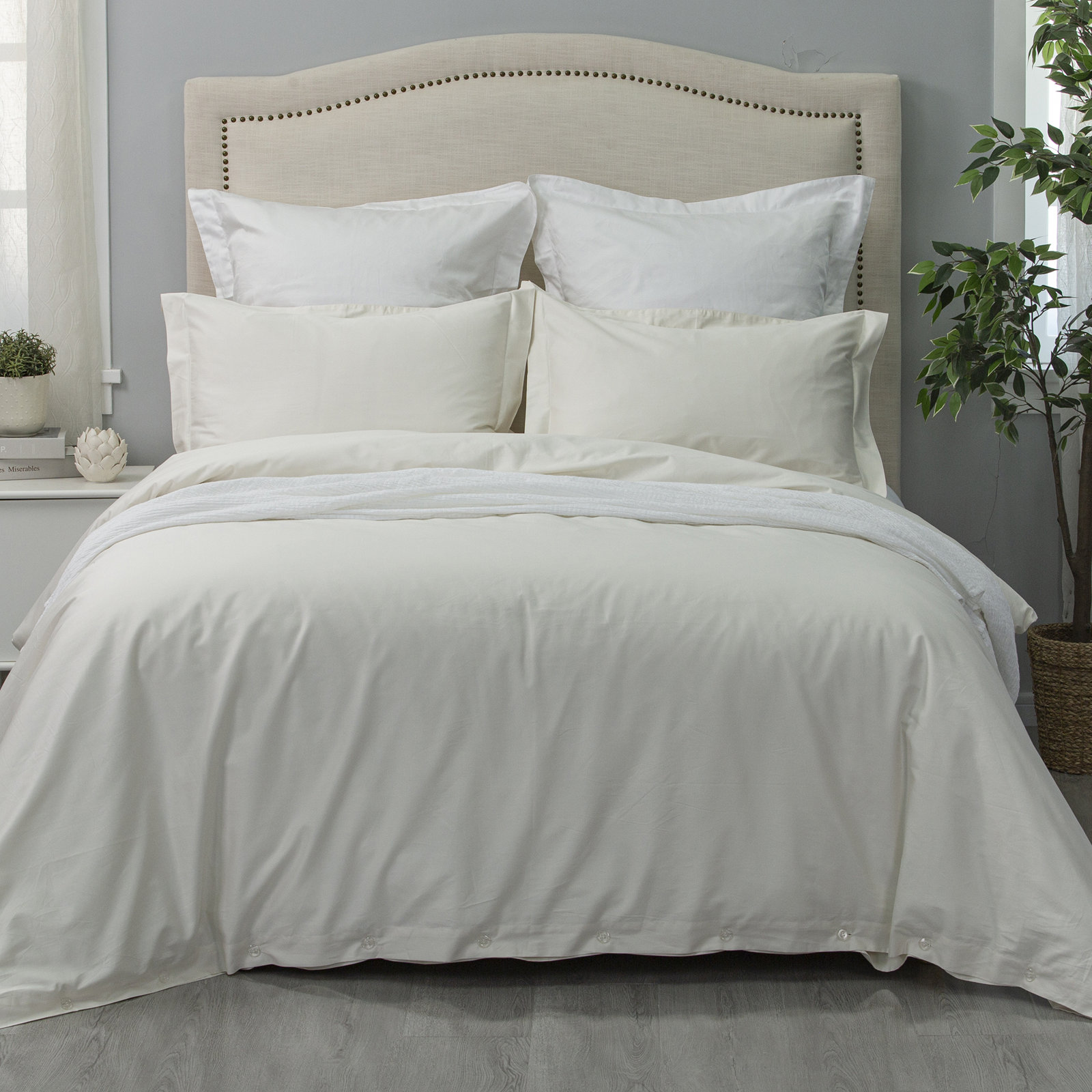  Long Staple Cotton Sateen 400 Thread Count Duvet Cover Set, Queen Duvet Cover + 2 Standard Shams, Ivory