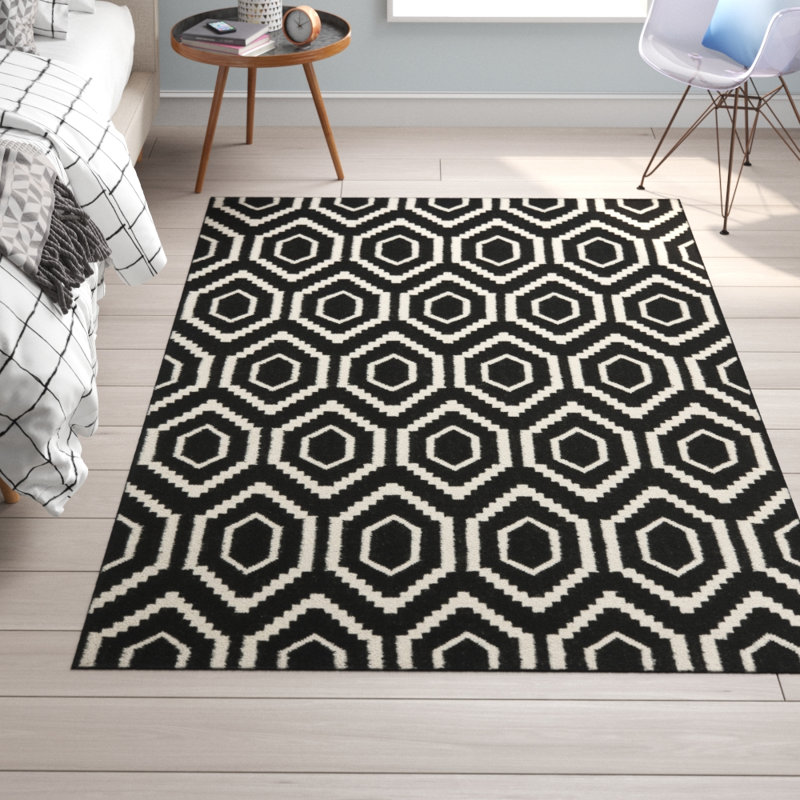 Bullock Hand Woven Flat Weave Wool/Cotton Geometric Rug in Black/Ivory, Rectangle 9' x 12'