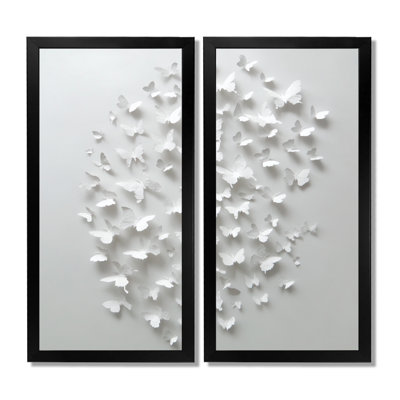 «Summer White Butterflies In The Sky - Abstract Collages», impression sur toile contemporaine blanche 2 pièces
