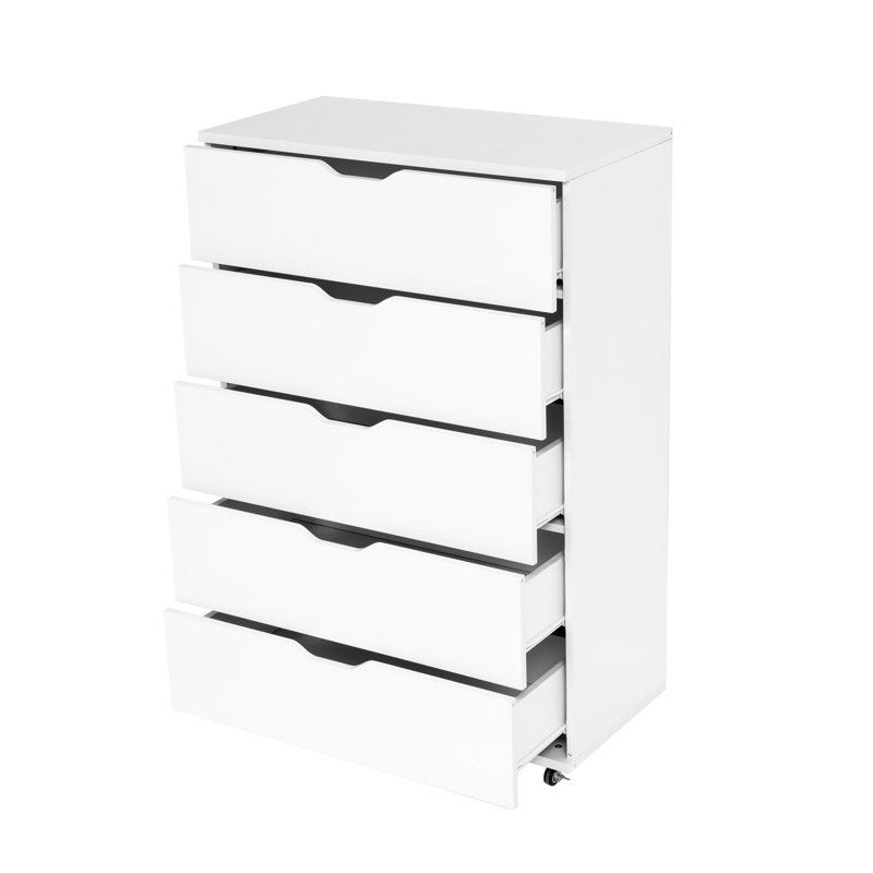 White 5-Drawer Dresser with Wheels, 29.5″ Wide, White
