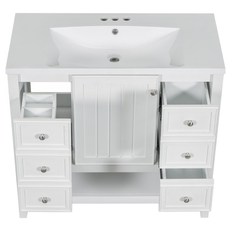 Meuble-lavabo 36 po avec lavabo, armoire et trois tiroirs, bois massif et panneau de fibres à densité moyenne, finition blanche