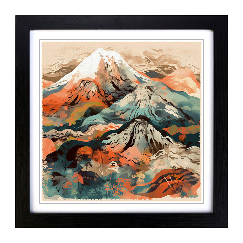 Japanese Mountains Abstract Art - Single Picture Frame Print on Wood, Black
