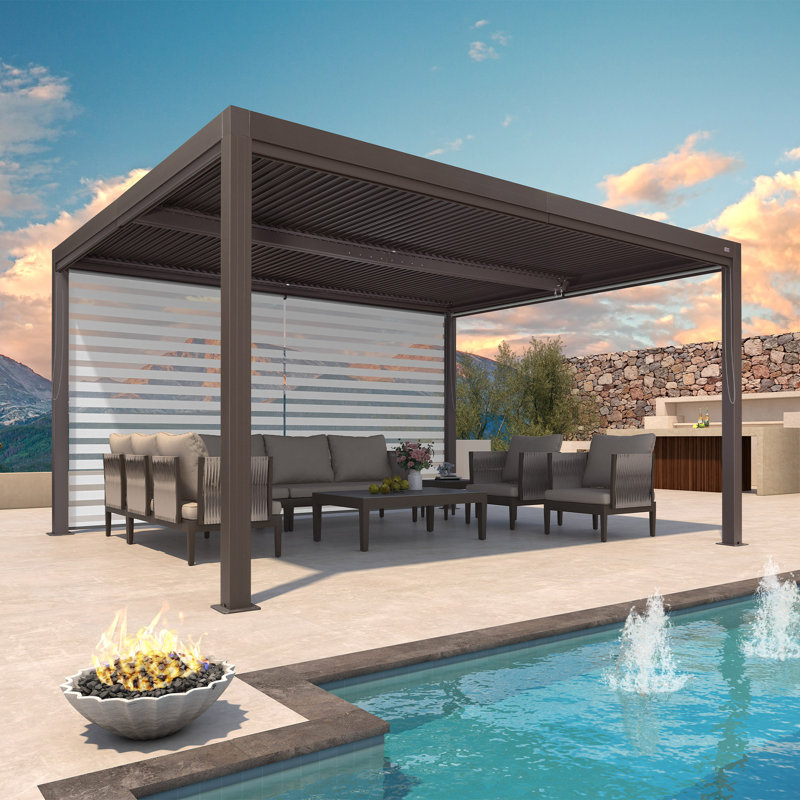 14 pi. L 11 pi. Pergola en aluminium avec abat-jour roulant, 1 côté long
