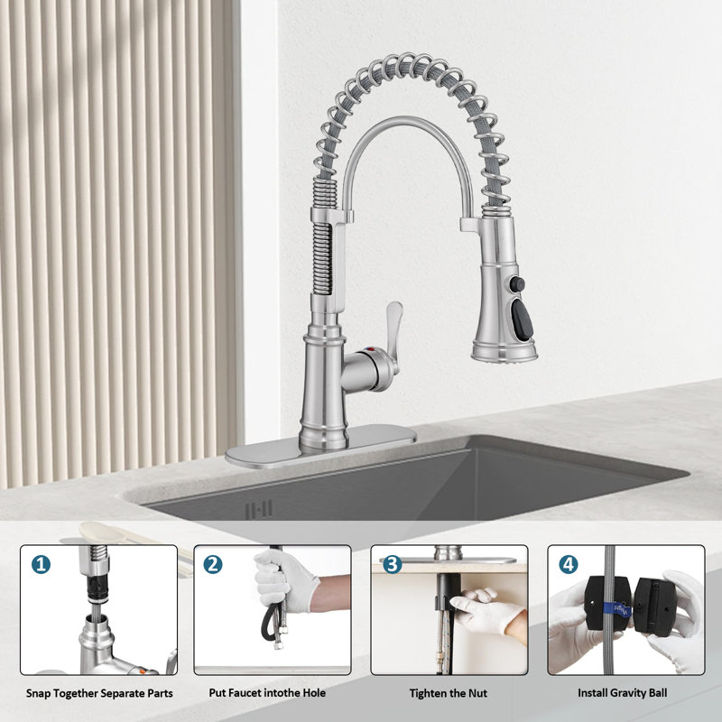 Single Handle Pull-Down Kitchen Faucet, 360-Degree Rotating Stainless Steel Faucet, 3 Water Flow Modes, 1-Hole Or 3-Hole Installation.