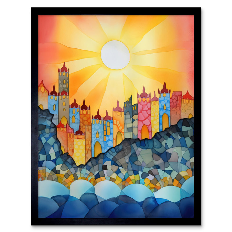 Tangier Costal Cliff Sunrise Folk Art Artwork Framed Wall Art Print 9X7 Inch