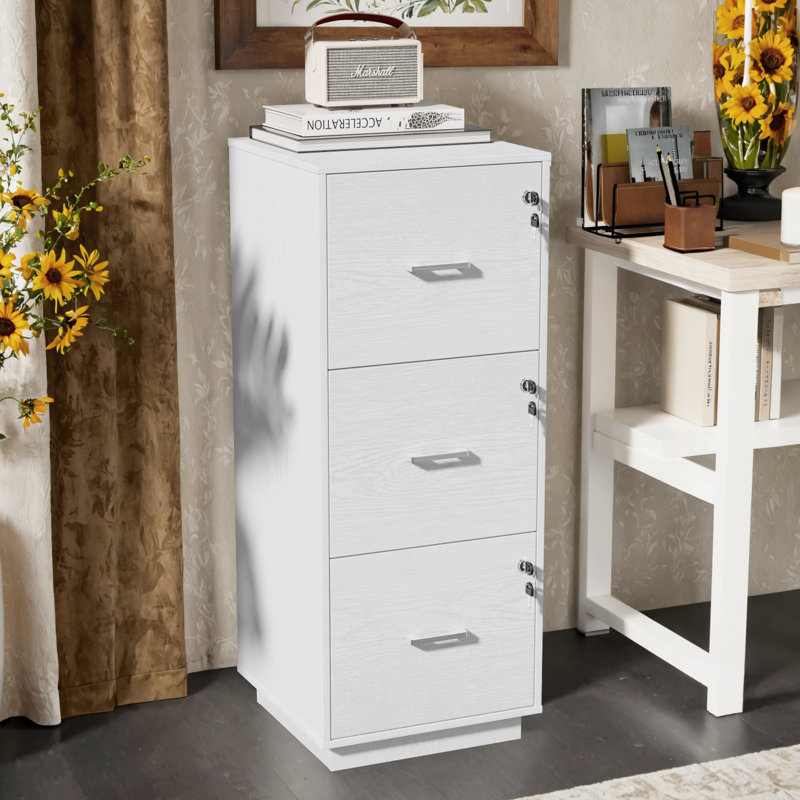 Wooden 3 Drawers File Cabinet With Lock 38.58"H, White