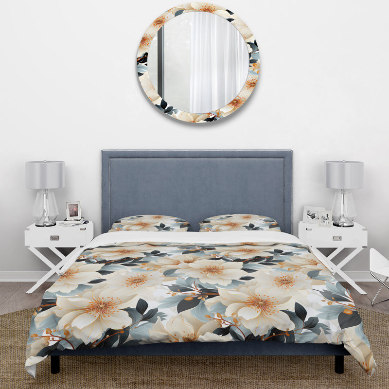 Delicate Magnolia Dreams III Box Stitch Floral Duvet Cover, King Duvet Cover + 2 King Shams