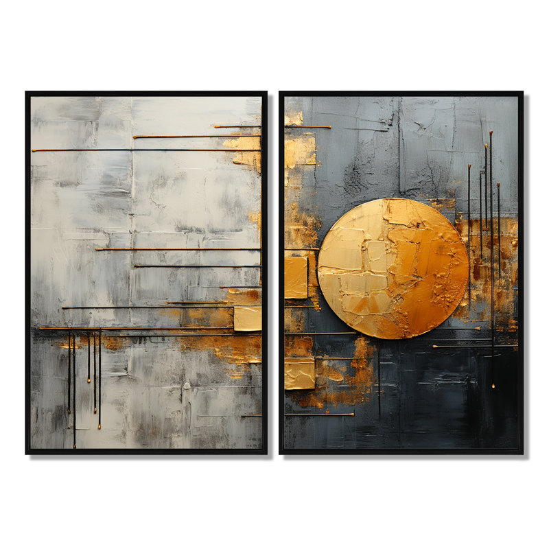 Ensemble de 2 décorations murales modernes dorées et dorées, H 36 po x l 48 po, Impression encadrée flottante, Noir