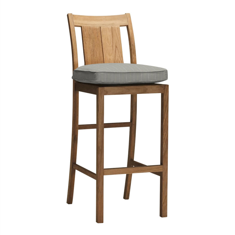 Croquet 24.5" Patio Bar Stool with Cushion, Welt, Natural Teak, Intermix Bark