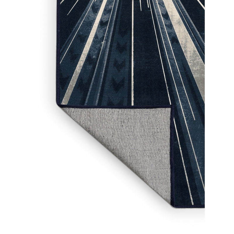 Machine Washable Orlena Art Deco Starburst Rug in Gray – Navy Binding, 5 x 7