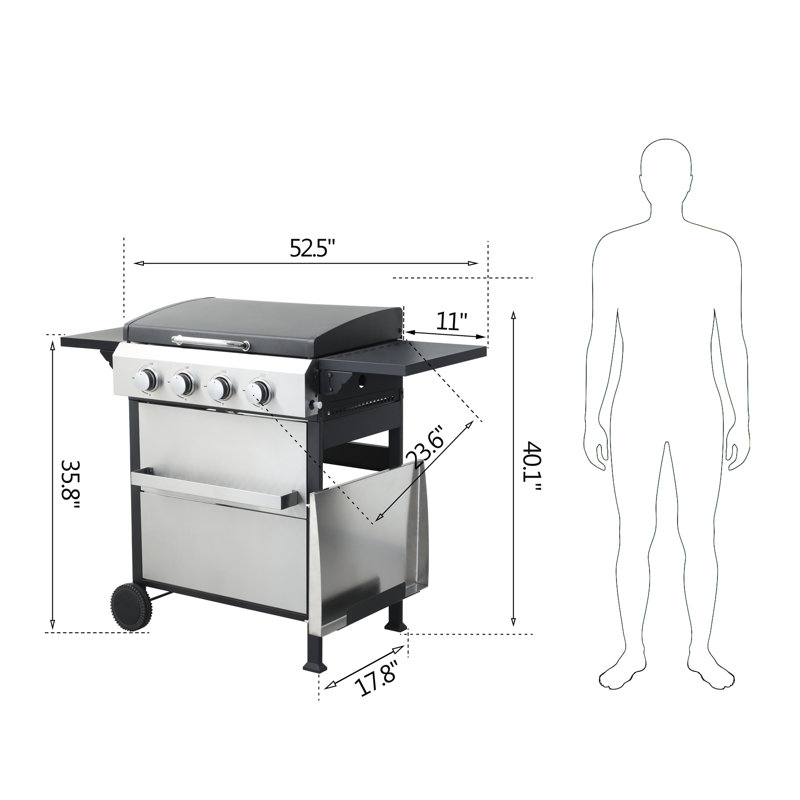 4 barbecues au gaz propane avec ss, 49 200 BTU, grilles de cuisson en émail, table d'appoint pliable, panier suspendu pour barbecue, barbecue