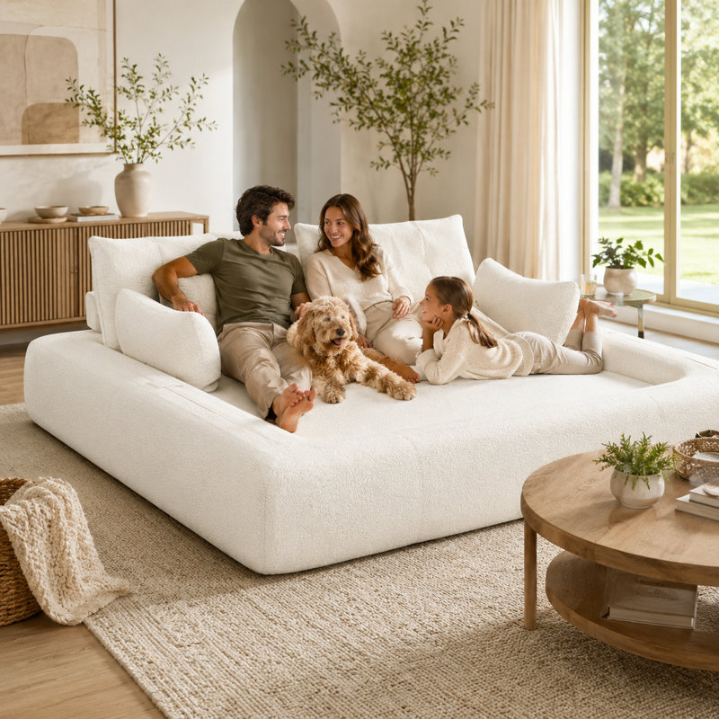 Canapé-lit convertible en chenille avec coussins, Molleton beige, Beige