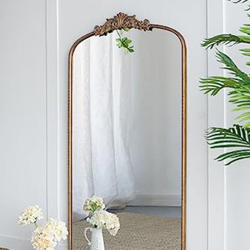 Miroir pleine grandeur 66 po x 36 po, miroir arqué suspendu ou appuyé contre le mur, grand miroir doré pour le salon