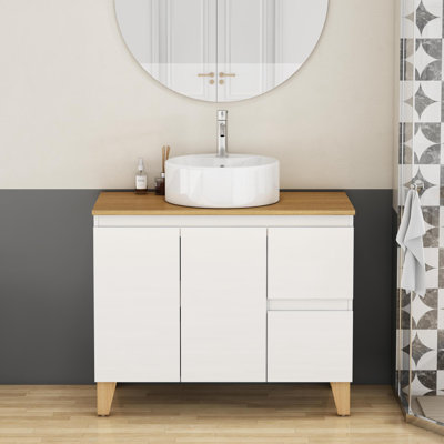 Ensemble de meuble-lavabo moderne avec rangement, panneau de fibres à densité moyenne en bois massif, style salle de bain spacieux