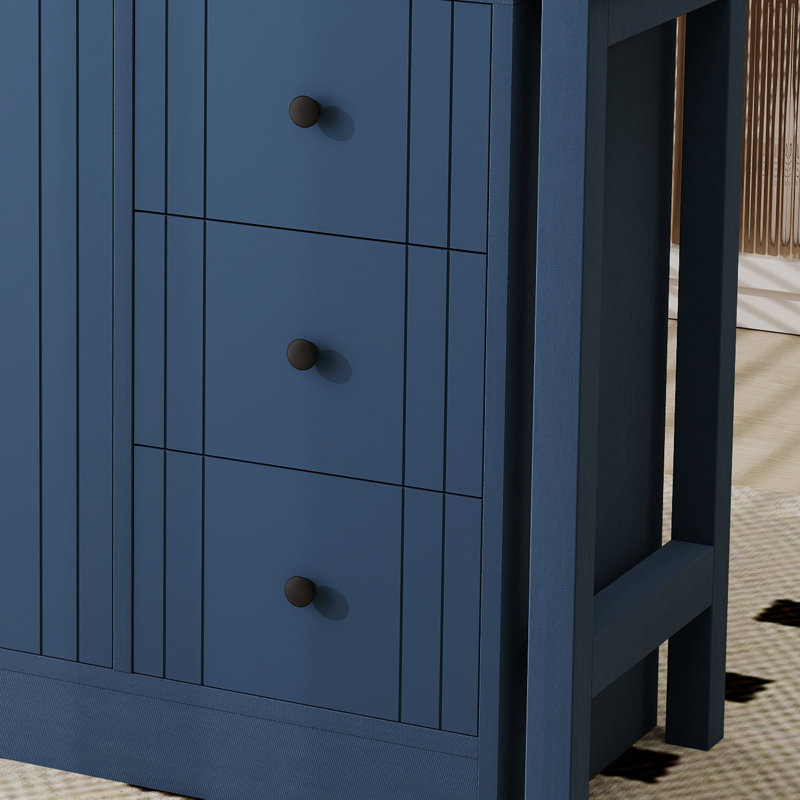 Îlot de cuisine avec table de salle à manger extensible 3 tiroirs et armoire 2 portes pour la cuisine, Marine