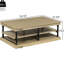 Table basse moderne marron de 140 cm (55,1 pouces) avec pattes noires et 2 étagères de rangement ouvertes, idéale pour exposer des magazines et des livres. Décoration en bois.