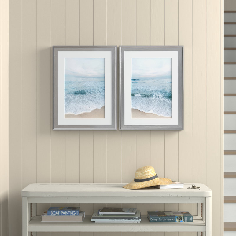 Tranquil Ocean I - ensemble de 2 reproductions, Blanc, H 18,5 po x l 49 po x P 1,5 po, Papier avec cadre argenté