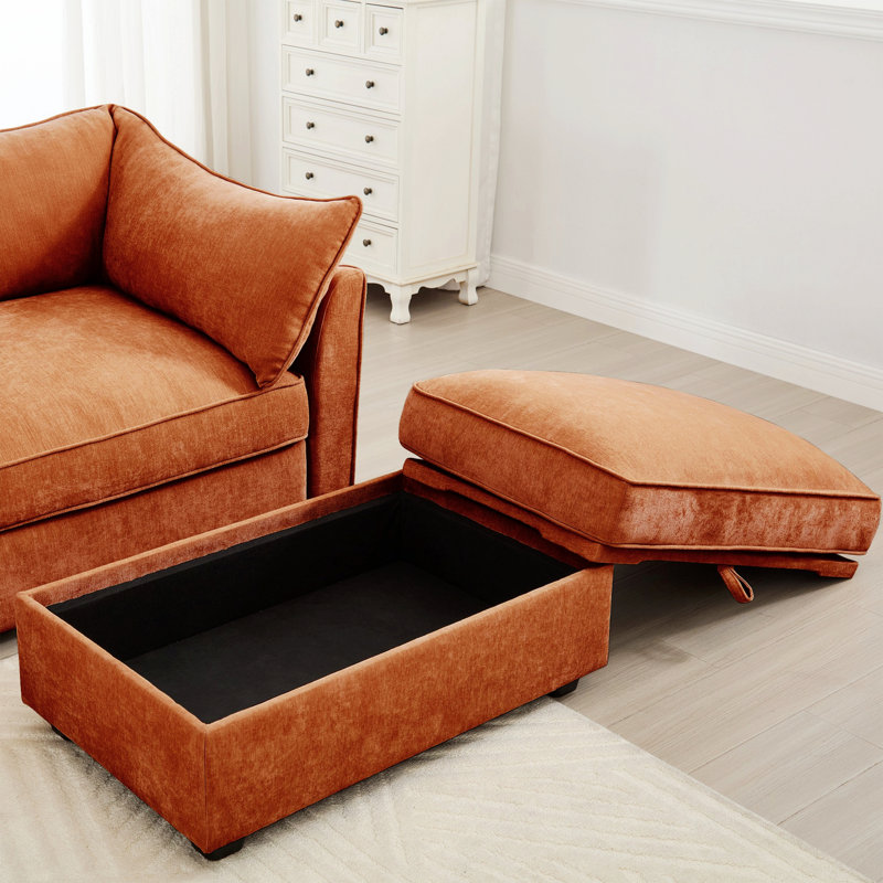 Causeuse rembourrée, canapé 2 places avec 2 repose-pieds et tiroirs de rangement escamotables, Orange