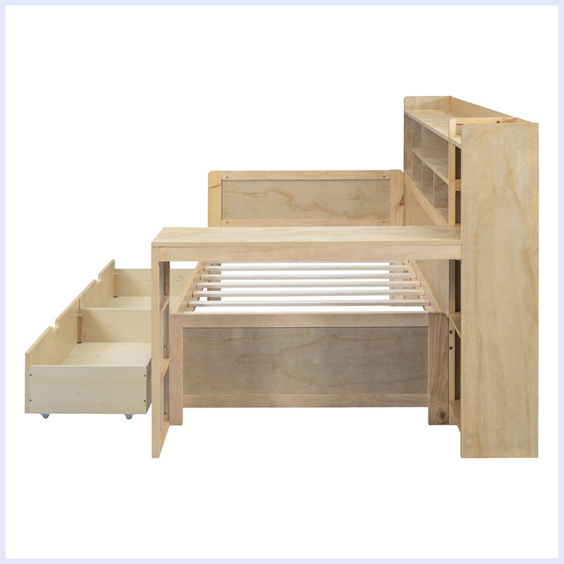 Lit de jour en bois avec tablettes de rangement, lit multifonctionnel avec deux tiroirs de rangement et bureau d'étude