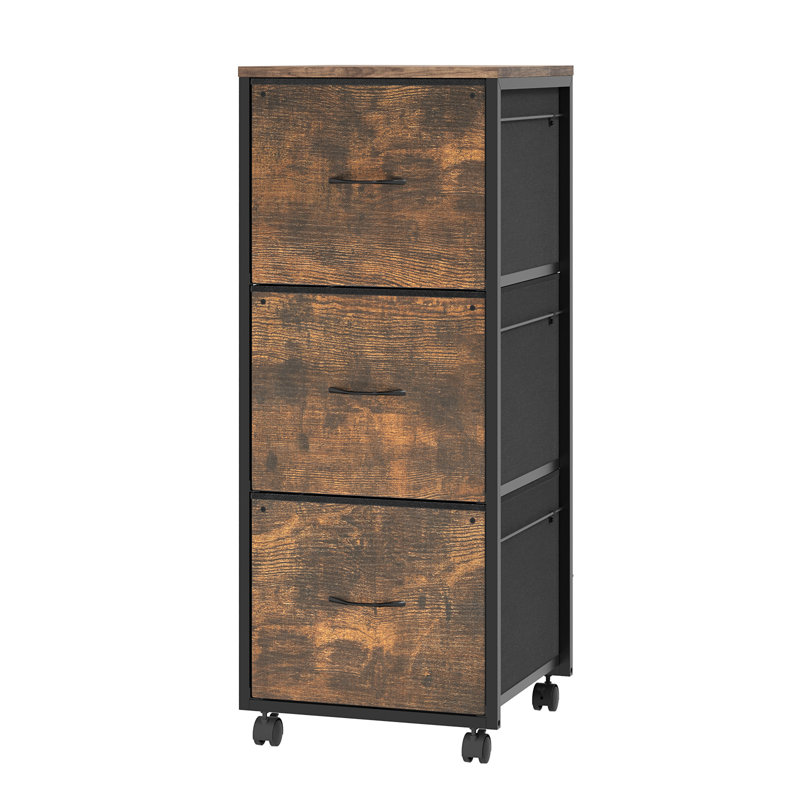 15 Inch Embossed Metal Framed Wooden File Cabinet With 3 Tall Drawers And Wheels